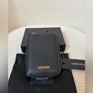 Versace Black Leather Card Holder with Gold Logo